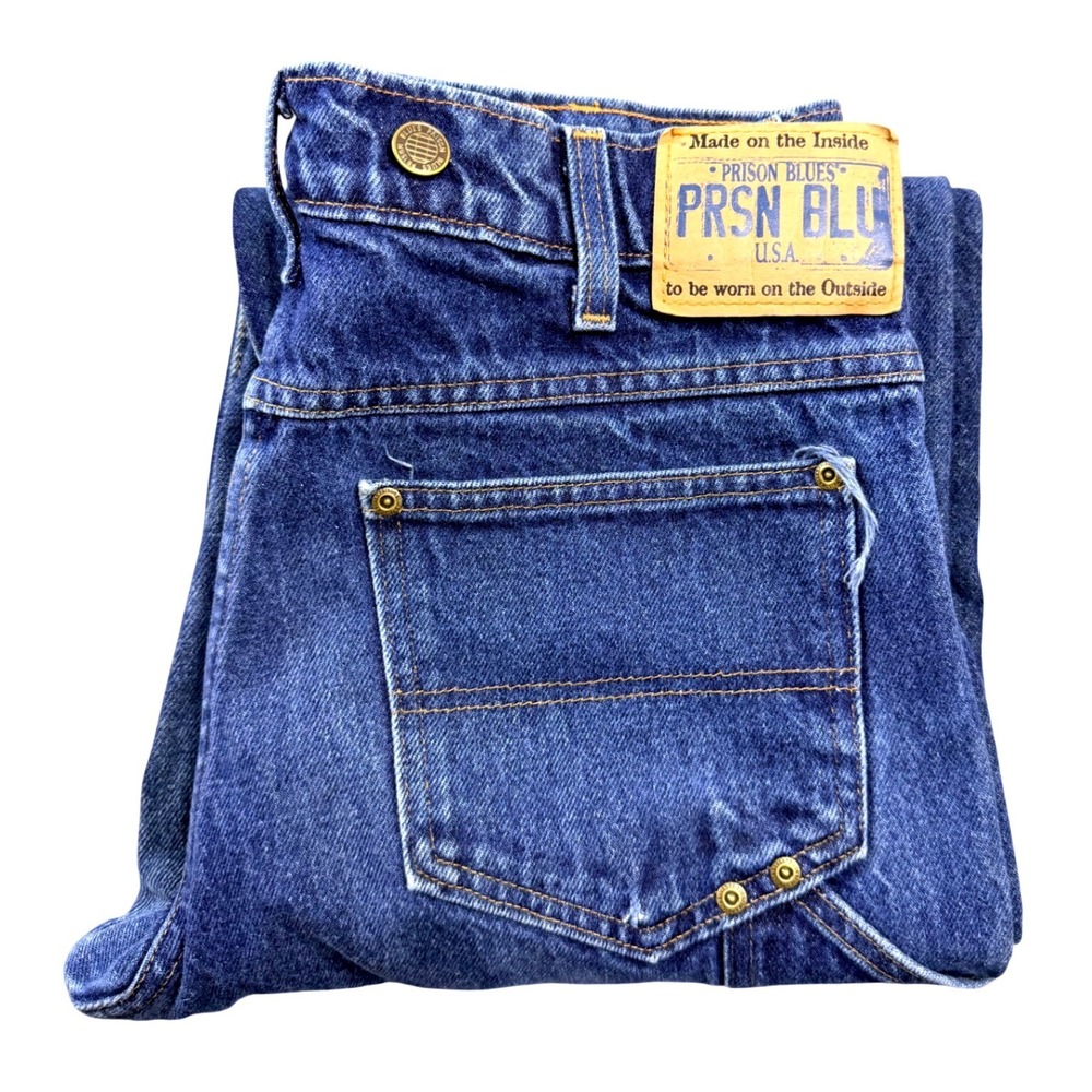 Prison Blues Mens 32x34 Blue Denim Work Jeans Suspender Buttons Made in USA 4448